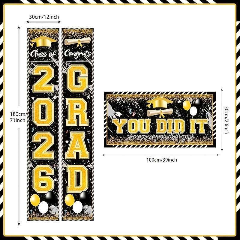 Party Banner Gold - 2D 3개 세트 2026년 졸업 배너,