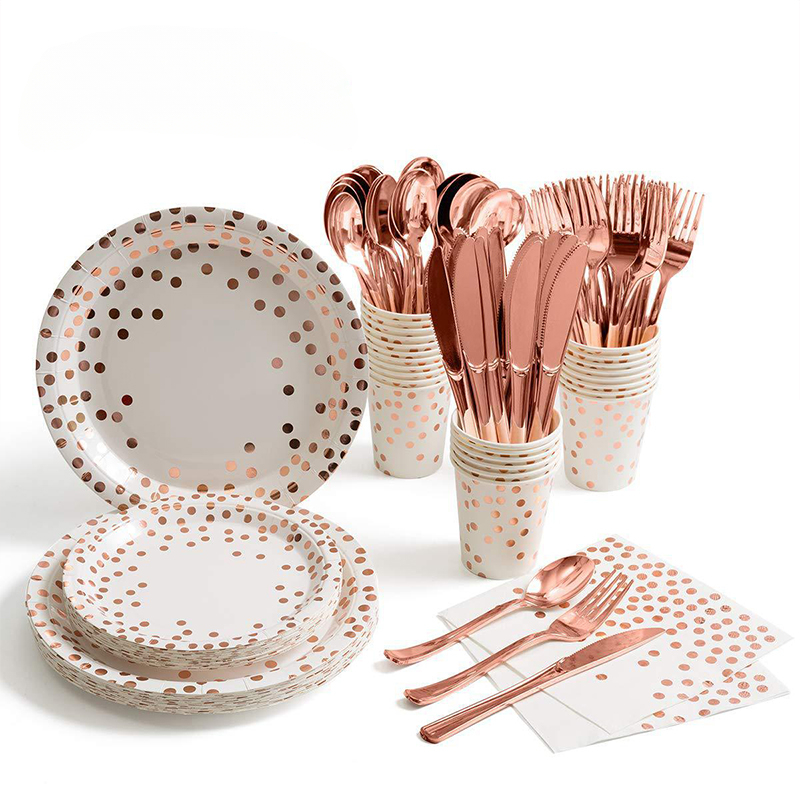 Paper Straw Color - 로즈 골드 파티 식기 키트 테이블