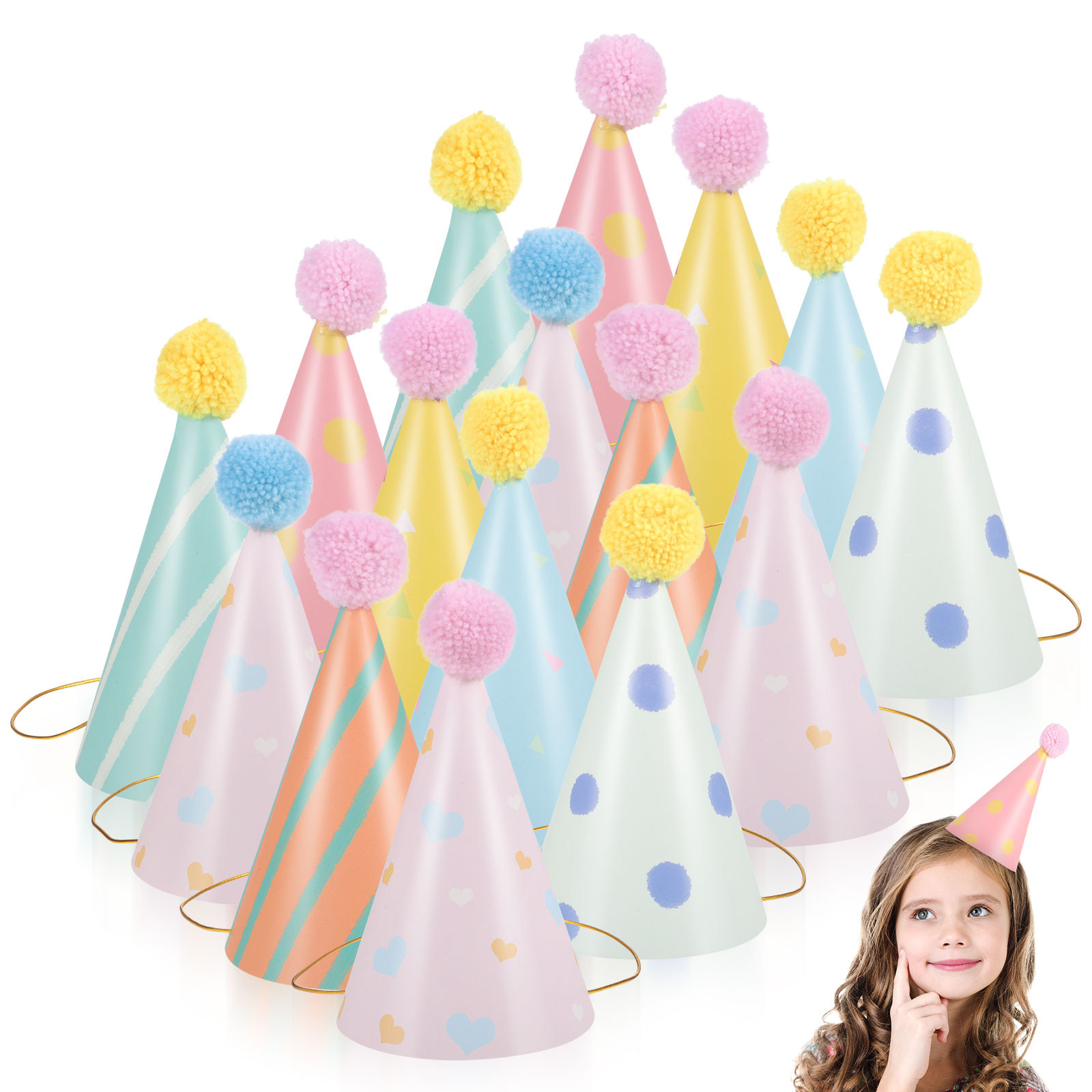 14Pcs 어린이를위한 종이 생일 모자 폼폼이있는 원뿔 - Party Hat Cone 리뷰 및 가격
