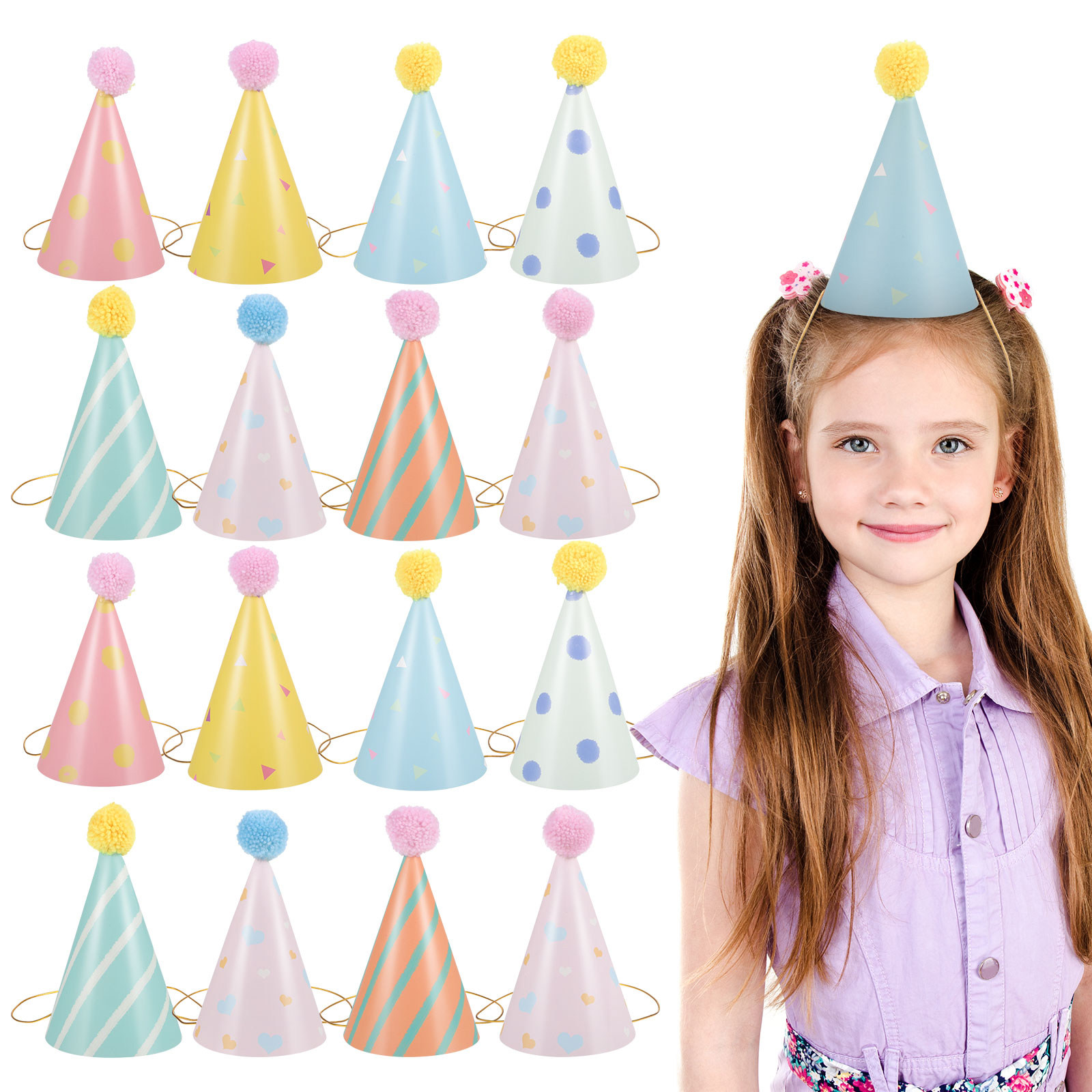 14Pcs 어린이를위한 종이 생일 모자 폼폼이있는 원뿔 - Party Hat Cone 리뷰 및 가격